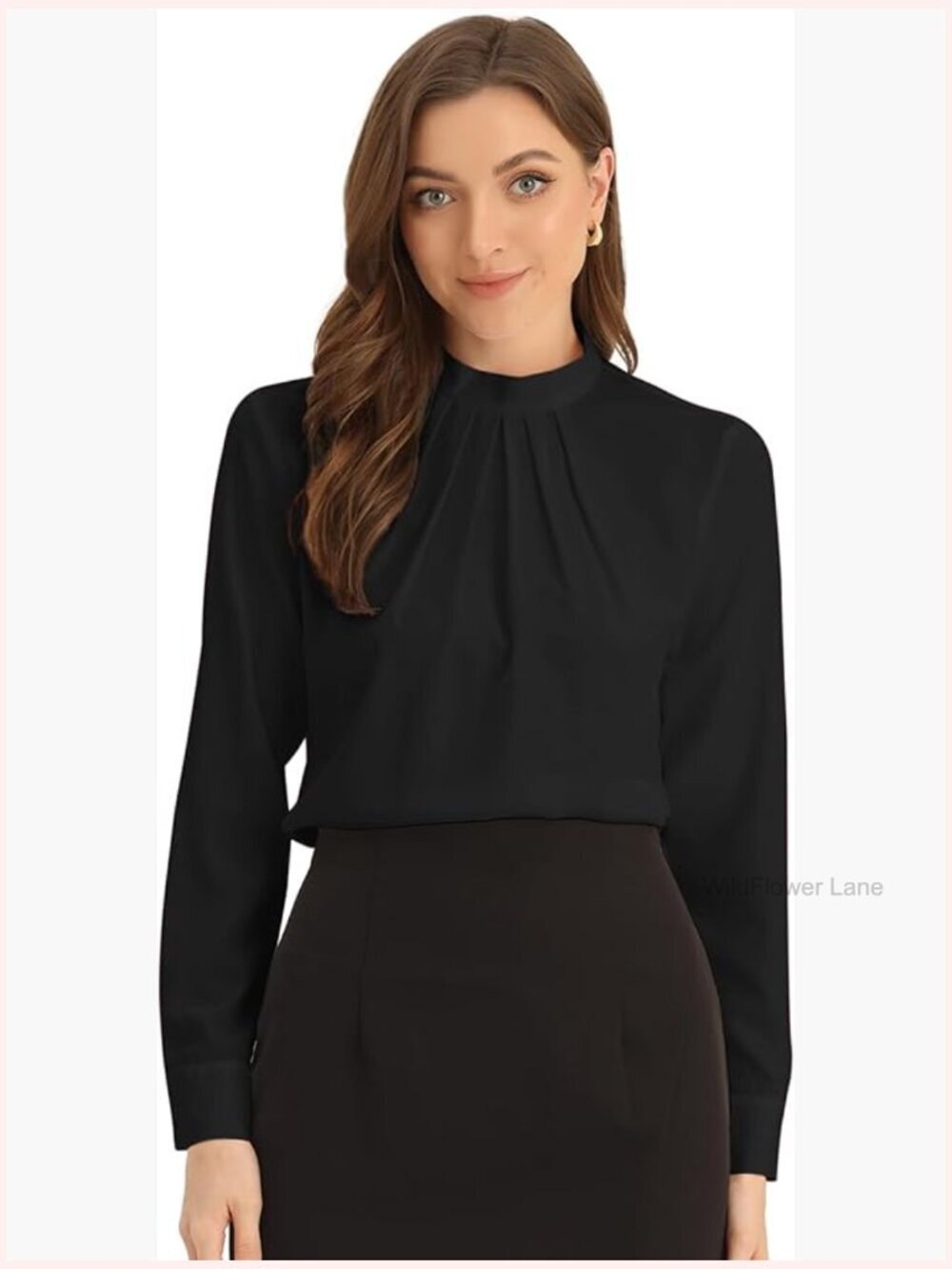 Work Tops for Women Stand Collar Long Sleeve Ruched Trendy Blouse Business